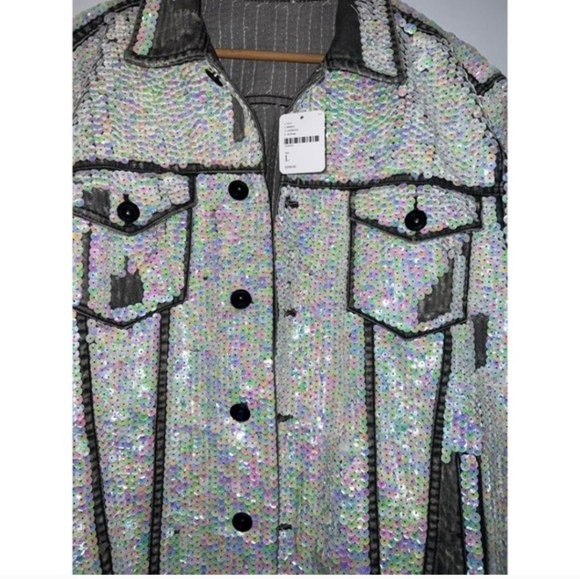 NEW free people momo sequin denim jean oversized jacket hand embroidered size L - Picture 6 of 7